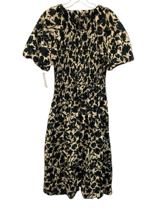 J Crew Size M Beige & Black Cotton Short Puff Sleeve Floral Print Midi Dress Beige & Black / M
