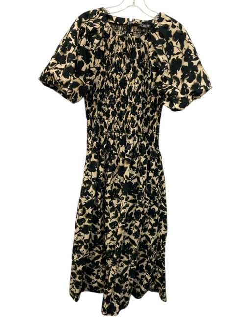 J Crew Size M Beige & Black Cotton Short Puff Sleeve Floral Print Midi Dress Beige & Black / M