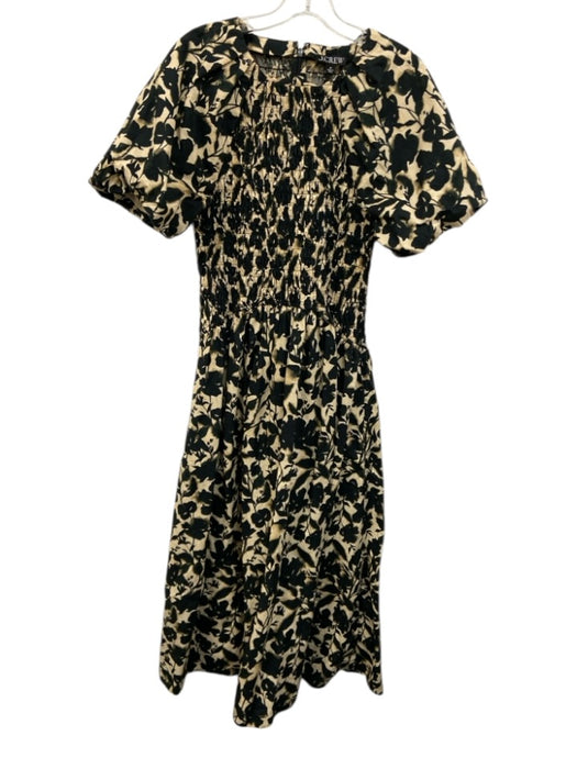 J Crew Size M Beige & Black Cotton Short Puff Sleeve Floral Print Midi Dress Beige & Black / M