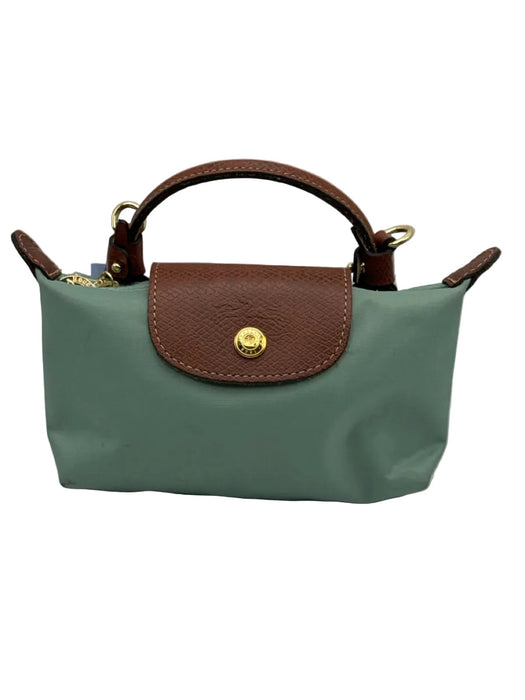 Longchamp Mint Green & Brown Polyamide Leather trim Zip Top Removable Strap Bag