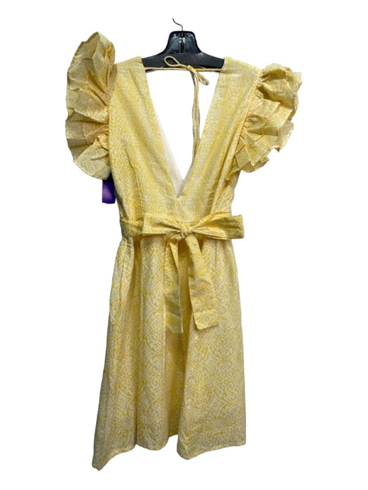 Monsoon and Beyond Size XS Yellow & White Cotton Tie Detail V Neck Ruffle Dress Yellow & White / XS