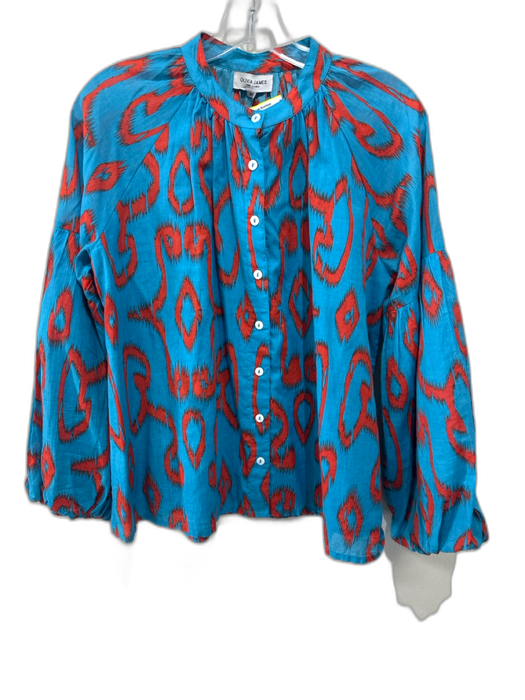 Olivia James Size XS Blue & Red Cotton Abstract Print Round Neck Button Top Blue & Red / XS