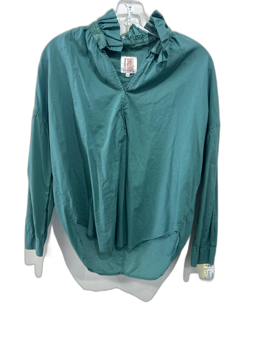 A Shirt Thing Size S Green Cotton V Neck Long Sleeve Ruffle Neck Top Green / S
