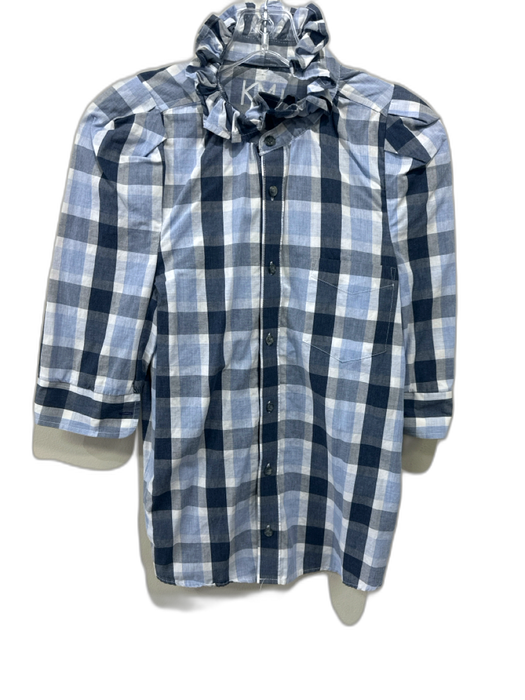 KMJ Size S Blue No Fabric Tag Plaid Button Front Ruffle Neck Patch Pocket Top Blue / S