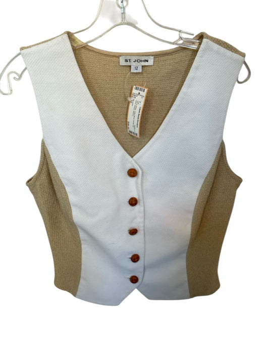St. John Size 12 Tan & White Color Block Button Up Vest Tweed Top Tan & White / 12
