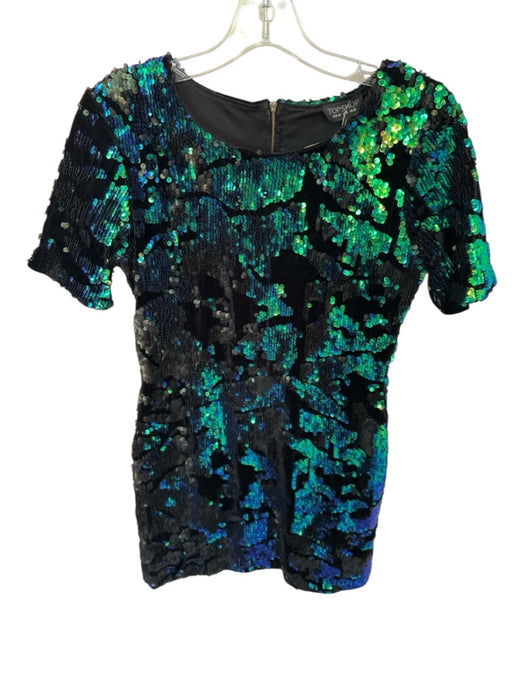 Topshop Size 8 Black & Green Polyester Blend Sequins chrome Mini Dress Black & Green / 8