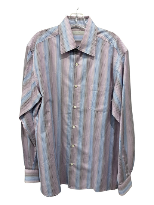 Zegna Size L Blue & Pink Cotton Striped Button Up Men's Long Sleeve Shirt Blue & Pink / L