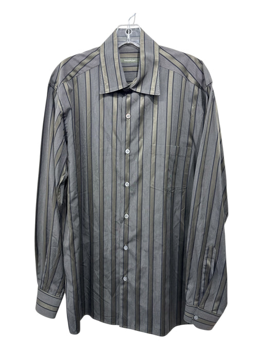 Zegna Size L Green & Black Cotton Striped Button up Men's Long Sleeve Shirt Green & Black / L