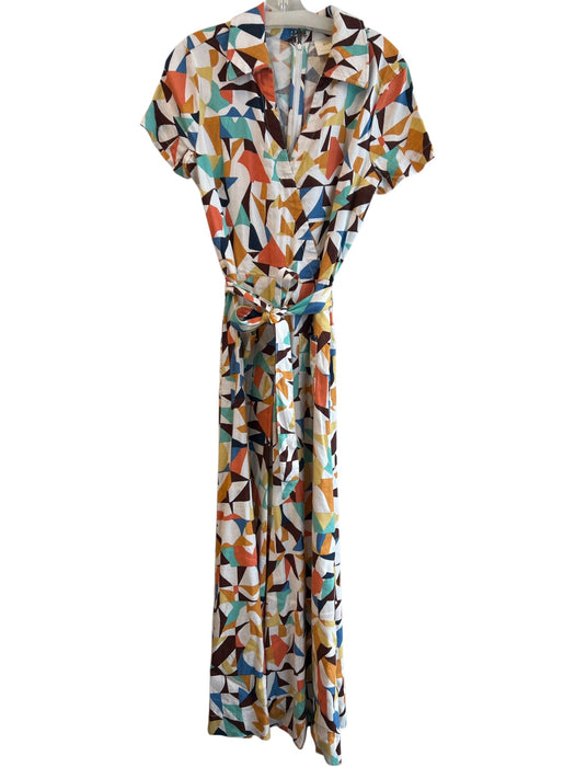 Maeve Size 8 White & Multi V Neck Short Sleeve Back Zip Maxi Dress White & Multi / 8