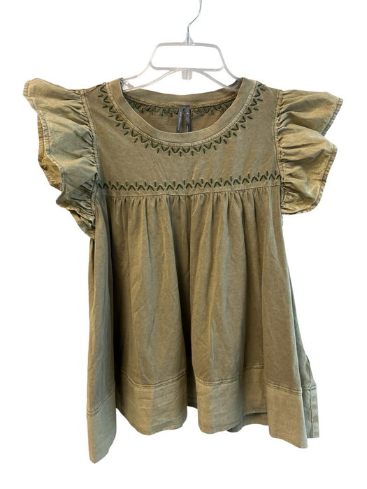 Anthropologie Size Medium Green Cotton Round Neck Embroidered Baby Doll Top Green / Medium