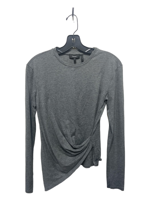 Theory Size P Gray Cotton Round Neck Long Sleeve Gathered Detail Top Gray / P