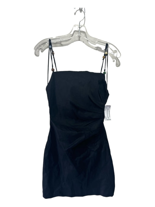 Zara Size XS Black Linen Blend Spaghetti Strap Bead Detail Gathered Detail Dress Black / XS