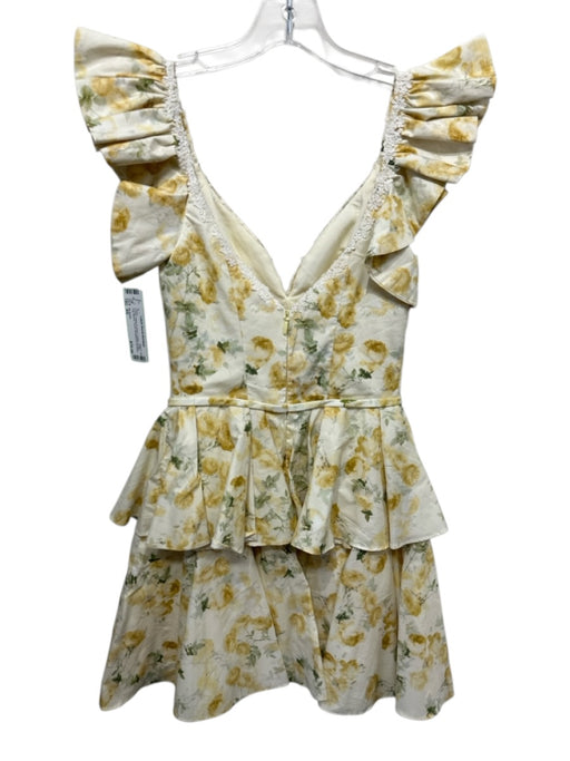 Oh Pretty Size XS Lemon Yellow & Green Cotton Ruffle Cap Sleeve Floral Dress Lemon Yellow & Green / XS