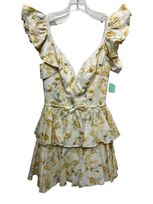 Oh Pretty Size XS Lemon Yellow & Green Cotton Ruffle Cap Sleeve Floral Dress Lemon Yellow & Green / XS