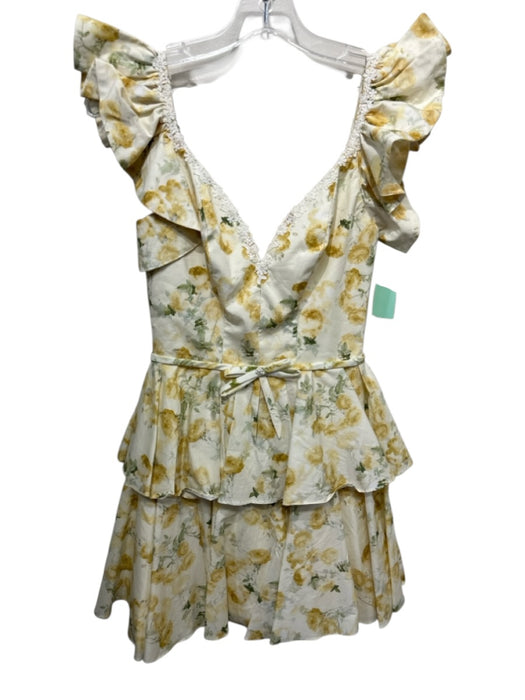 Oh Pretty Size XS Lemon Yellow & Green Cotton Ruffle Cap Sleeve Floral Dress Lemon Yellow & Green / XS