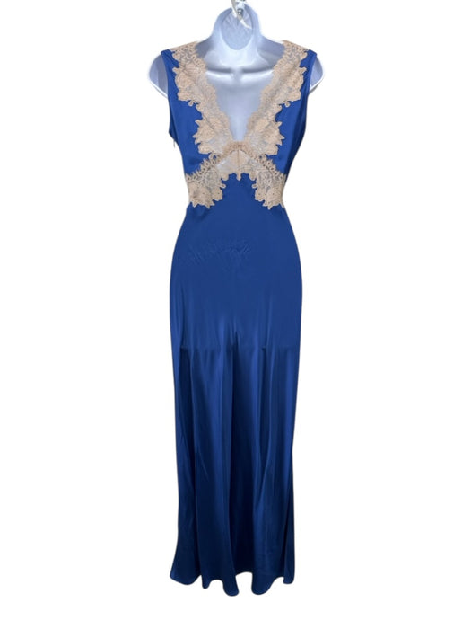 Rixo Size XXS Blue & Taupe Polyester Sleeveless Lace Detail Double V neck Dress Blue & Taupe / XXS