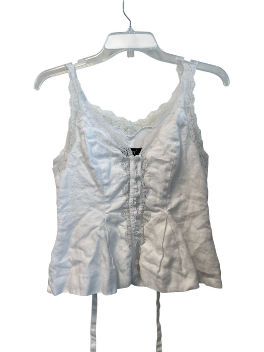 Kourt Size Est XS White Linen Sleeveless Lace Trim V Neck Back Zip Top White / Est XS