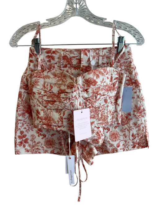 V. Chapman Size Mixed Cream & Red Cotton Spaghetti Strap Lace Up Short Set Cream & Red / Mixed