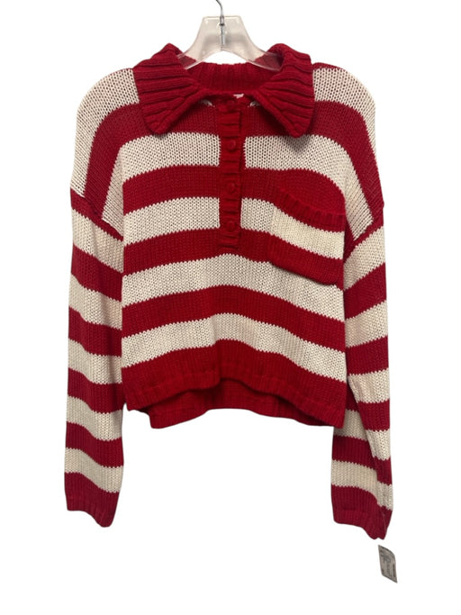 Good American Size XS Red & White Cotton Blend Knit Stripe pocket Henley Sweater Red & White / XS