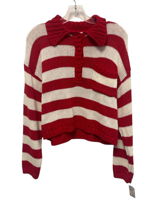 Good American Size XS Red & White Cotton Blend Knit Stripe pocket Henley Sweater Red & White / XS