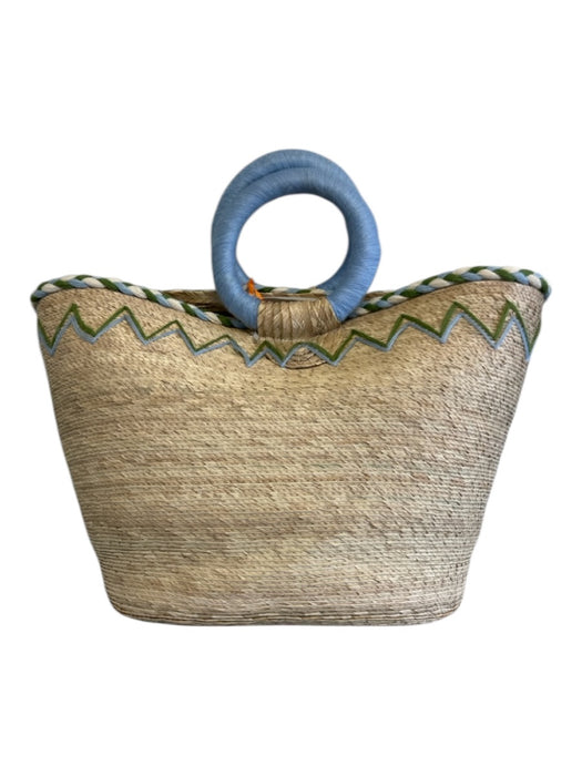Tipsy Threads Beige, Blue, Green Straw Embroidered Woven circle handles Bag Beige, Blue, Green / M
