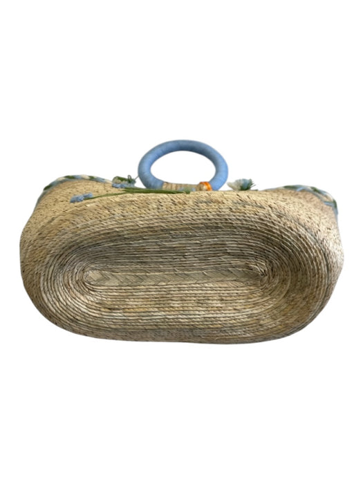 Tipsy Threads Beige, Blue, Green Straw Embroidered Woven circle handles Bag Beige, Blue, Green / M