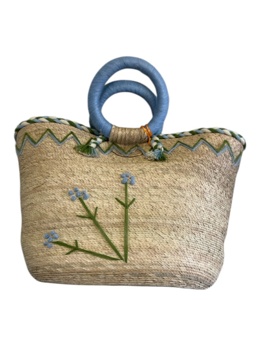 Tipsy Threads Beige, Blue, Green Straw Embroidered Woven circle handles Bag Beige, Blue, Green / M