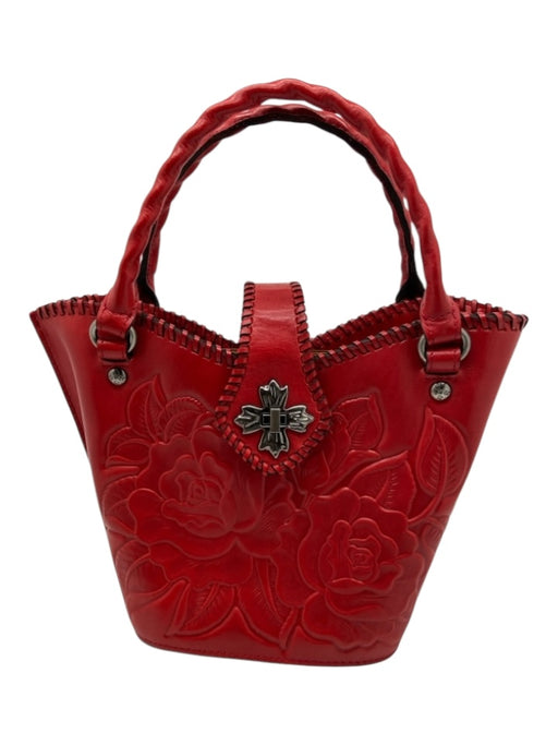 Patricia Nash Red Leather Floral Clasp Closure silver hardware Open Top Bag Red / M