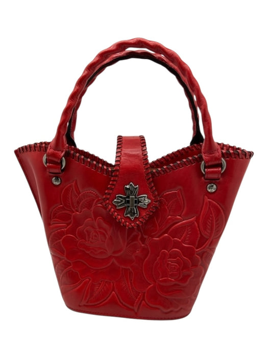 Patricia Nash Red Leather Floral Clasp Closure silver hardware Open Top Bag Red / M