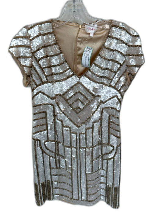Parker Size S White & Silver Beaded Sequins Sleeveless V Neck Back Zip Dress White & Silver / S