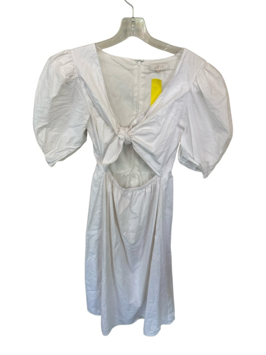 Wayf Size S White Cotton Blend Puff Sleeves Front Tie Cut Out Midi Dress White / S
