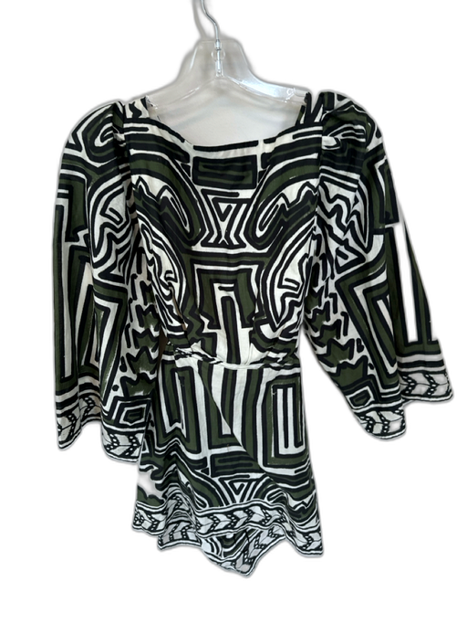 Johanna Ortiz Size 4 Green & White 100% Cotton Abstract 3/4 Sleeve Mini Dress Green & White / 4