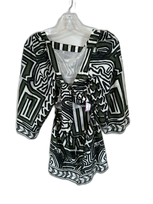 Johanna Ortiz Size 4 Green & White 100% Cotton Abstract 3/4 Sleeve Mini Dress Green & White / 4