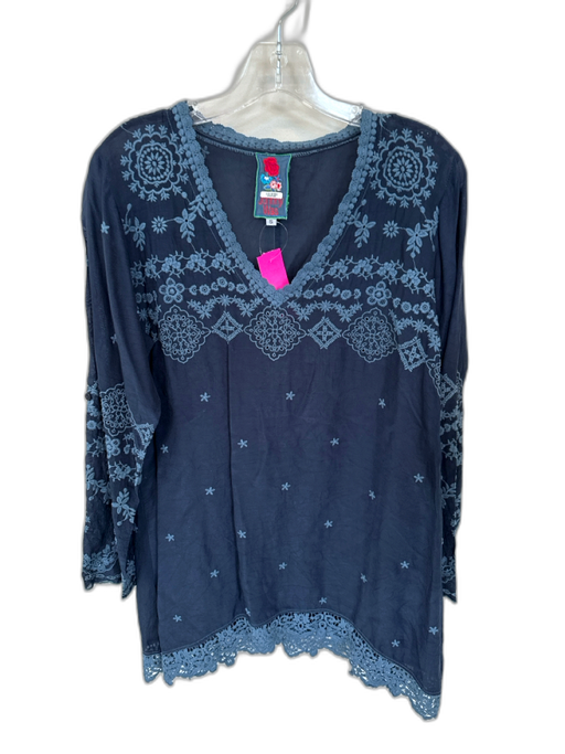 Johnny Was Size S Navy Rayon Embroidered V Neck Long Sleeve Top Navy / S