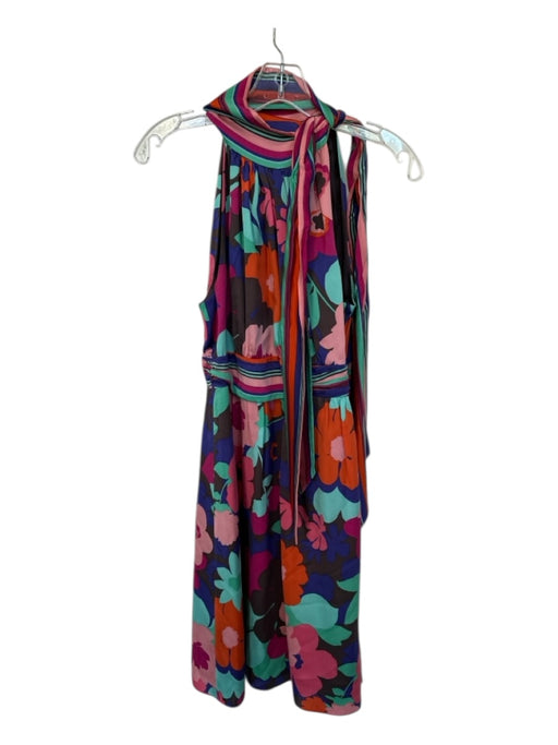 Shoshanna Size 8 Brown & Multi Silk Neck Tie Flowers Sleeveless Dress Brown & Multi / 8