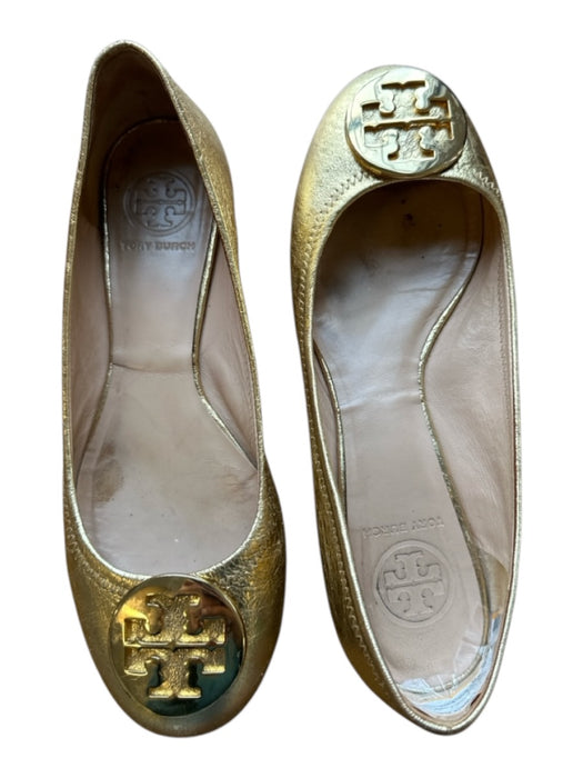 Tory Burch Shoe Size 8 Gold Leather Metallic Logo Flats Gold / 8
