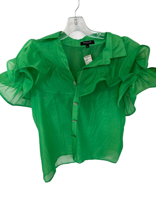 Beulahstyle Size M Green Flutter Sleeves Ruffles Rhinestone Button Collar Top Green / M