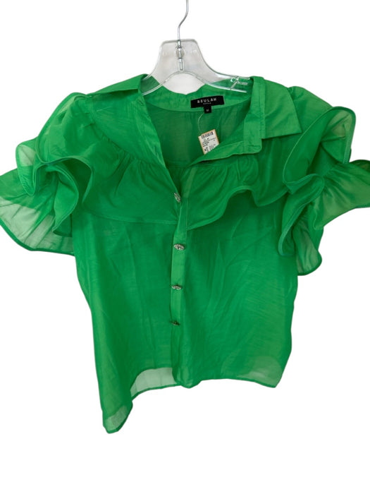 Beulahstyle Size M Green Flutter Sleeves Ruffles Rhinestone Button Collar Top Green / M