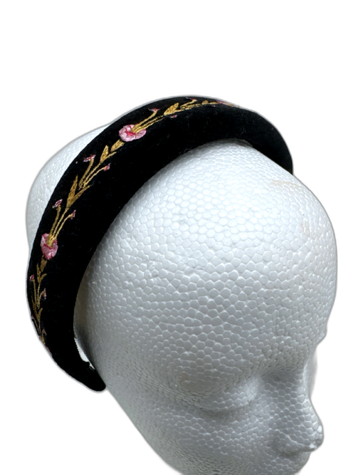 Tory Burch Black, Pink & Gold Velvet Floral Embroidered Headband Black, Pink & Gold