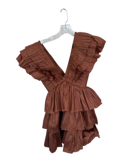 Aje Size 4 Coffee Polyester Frilled Mini V Neck Tiered Dress Coffee / 4