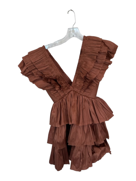 Aje Size 4 Coffee Polyester Frilled Mini V Neck Tiered Dress Coffee / 4