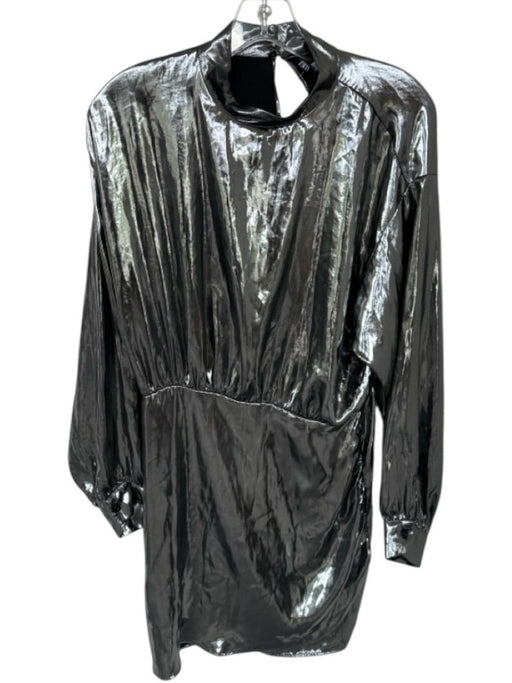 Zara Size M Silver Metallic Long Balloon Sleeve Open Back Dress Silver / M