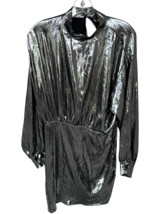 Zara Size M Silver Metallic Long Balloon Sleeve Open Back Dress Silver / M