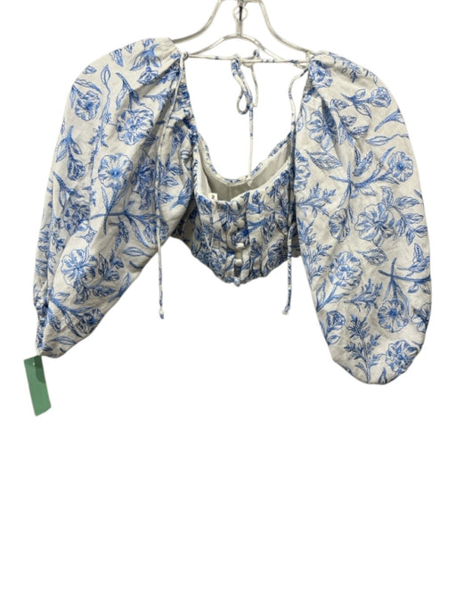 For Love & Lemons Size XS Blue & Multi Linen Blend Puff Sleeves Button Back Top Blue & Multi / XS