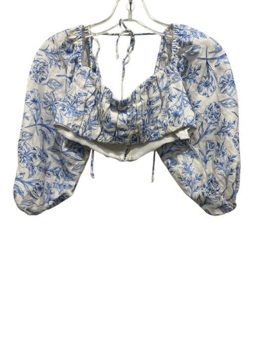 For Love & Lemons Size XS Blue & Multi Linen Blend Puff Sleeves Button Back Top Blue & Multi / XS