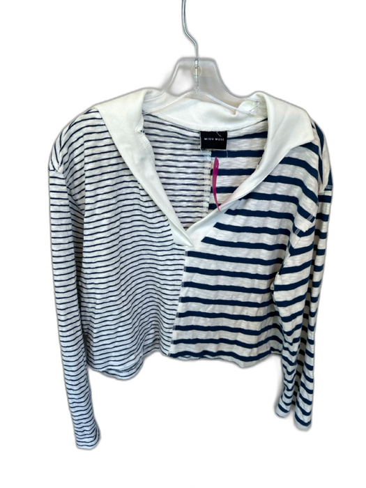 Miou Muse Size M Navy & white Cotton Blend Stripe Collar 3/4 Length Raw Hem Top Navy & white / M