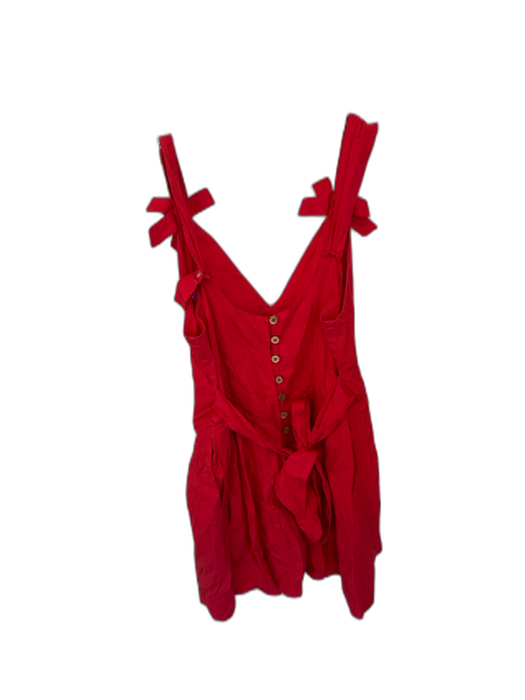 Free People Size Small Red Cotton Drop Waist V Neck Bow Detail Pleated Dress Red / Small