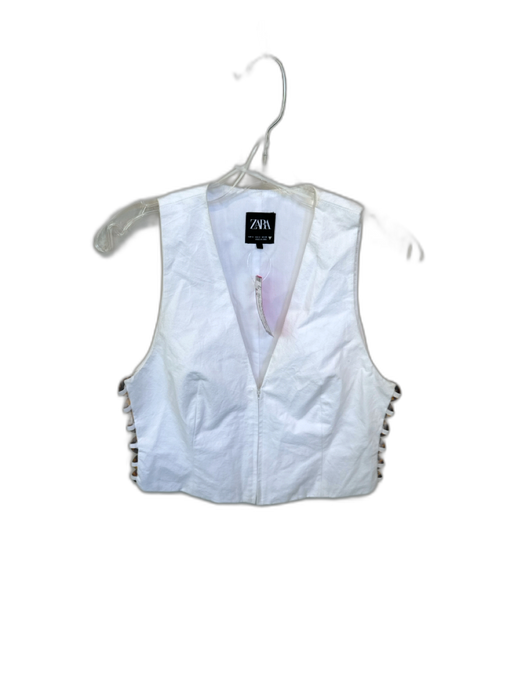 Zara Size S White Polyester Zip Up Tortoise Shell Ring Detail Top White / S