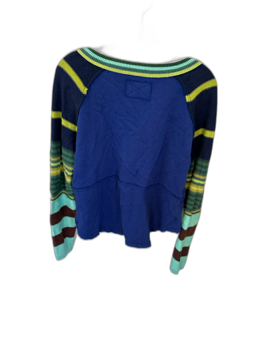 We The Free Size Small Blue & Multi Cotton Fleece Lined Striped sleeve Top Blue & Multi / Small