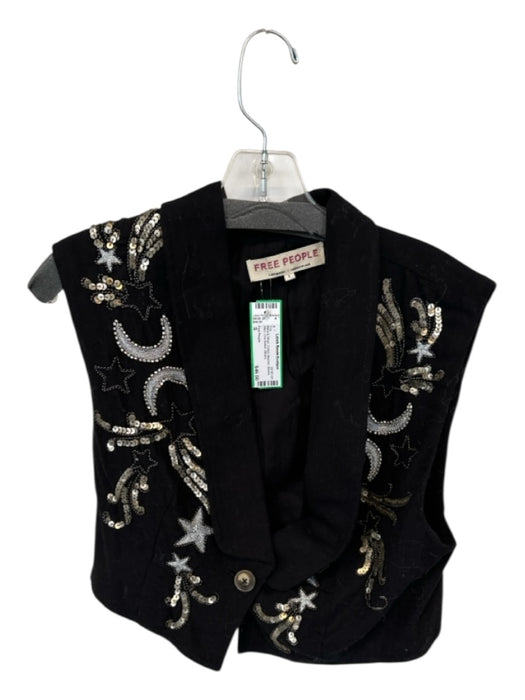 Free People Size S Black & Silver Cotton Beaded Moons Stars One Button Top Black & Silver / S